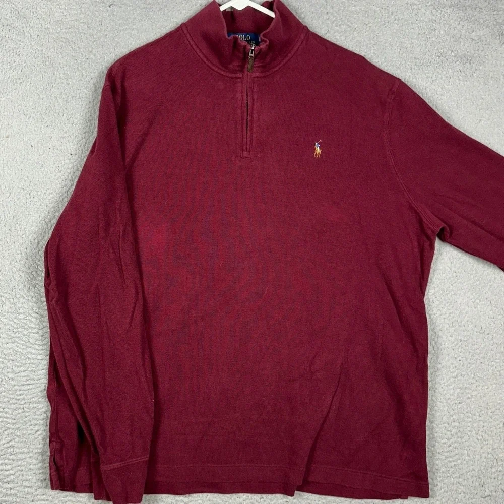 Polo Ralph Lauren Sweater Mens XL Burgundy Estate Rib Quarter Zip Flesh Pony EUC